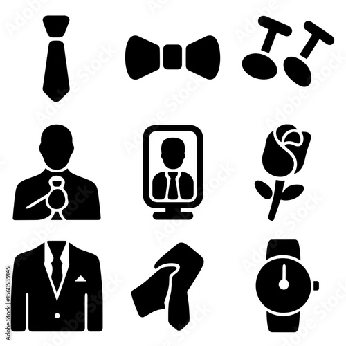 Groom Accessory Icons. Solid, filled icon set of groom adjusting tie: necktie, bow tie, cufflinks, suit jacket, dress shirt,