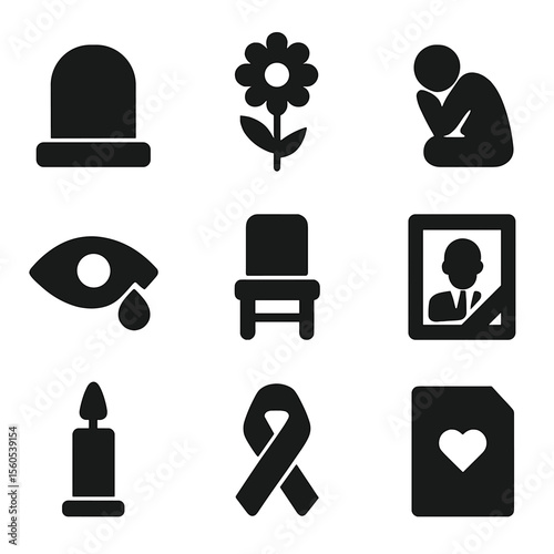 Grief and Loss Icons. Solid, filled icon set of grief and loss: gravestone, memorial flower, grieving figure, crying eye, empty