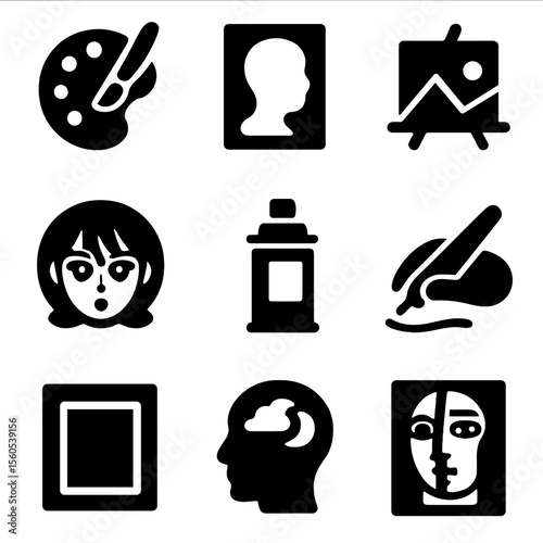Icon Style Grid. Solid, filled icon set of drawing styles: cartoon, realism, abstract, manga, graffiti, line art, minimalism,