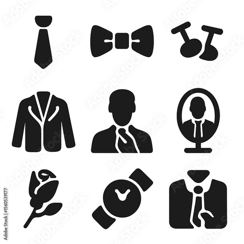 Groom Accessory Icons. Solid, filled icon set of groom adjusting tie: necktie, bow tie, cufflinks, suit jacket, dress shirt,