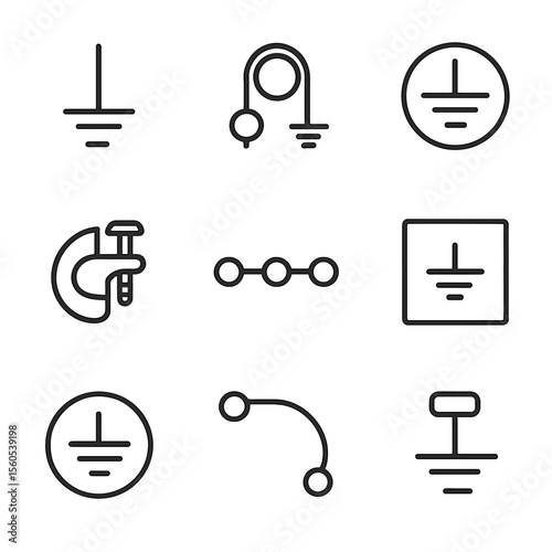 Grounding Symbol Icons. Outline icon set of Grounding and Bonding Symbols: ground rod, grounding cable, earth symbol, clamp