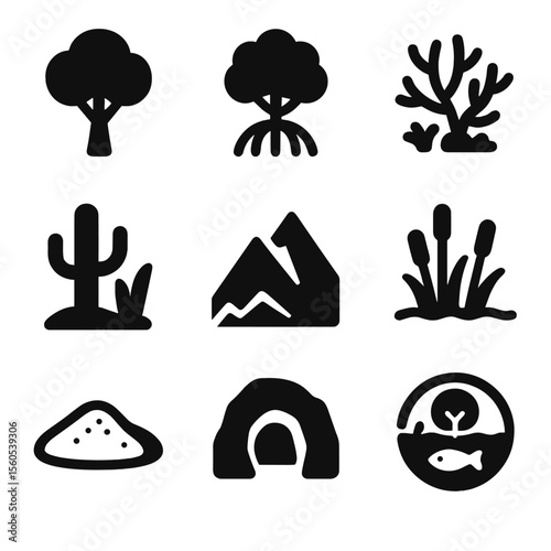 Habitat Preservation Icons. Solid, filled icon set of habitat preservation: tree canopy, mangrove roots, coral reef, desert flora,