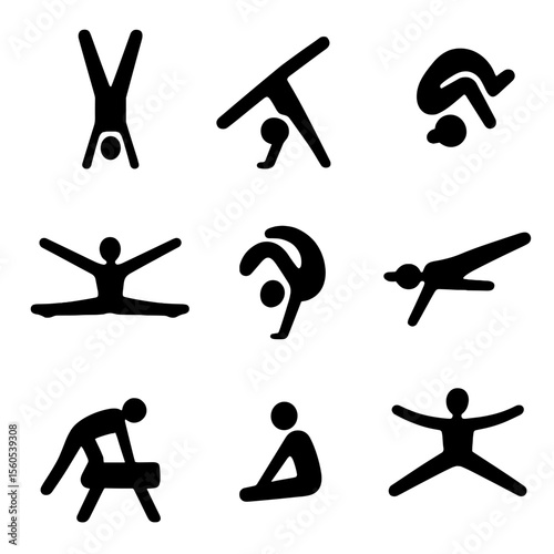 Gymnastics Moves Icons. Solid, filled icon set of gymnastics moves: handstand, cartwheel, somersault, split leap, backflip, aerial