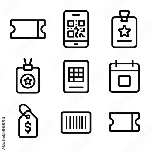 Ticket Variety Icons. Outline icon set of ticket varieties and info: printed ticket, e-ticket QR code, season pass, VIP badge,