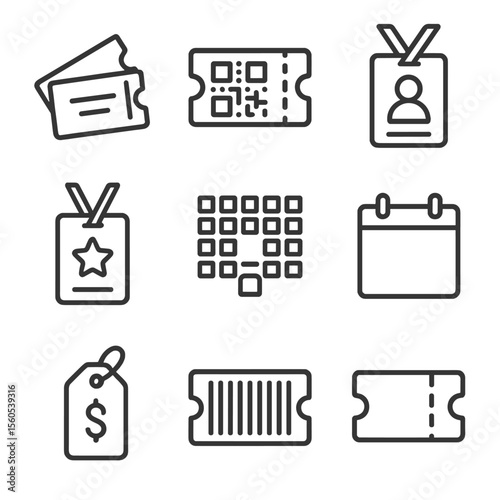 Ticket Variety Icons. Outline icon set of ticket varieties and info: printed ticket, e-ticket QR code, season pass, VIP badge,
