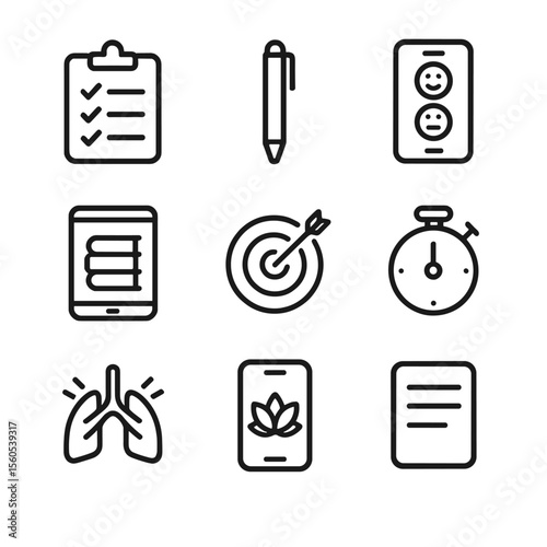 Therapist Toolkit Icons. Outline icon set of therapist’s digital toolkit: clipboard, pen, mood tracker, resource library, goal
