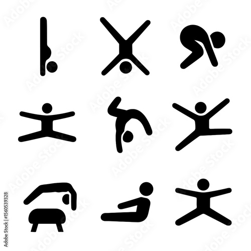 Gymnastics Moves Icons. Solid, filled icon set of gymnastics moves: handstand, cartwheel, somersault, split leap, backflip, aerial