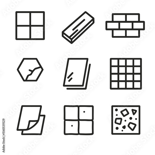 Tile Icon Collection. Outline icon set of backsplash tile materials: ceramic square, porcelain plank, glass subway, marble hexagon