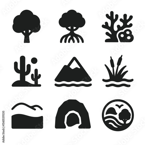 Habitat Preservation Icons. Solid, filled icon set of habitat preservation: tree canopy, mangrove roots, coral reef, desert flora,