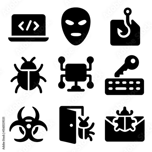Hacker Activity Icons. Solid, filled icon set of hacker activities: laptop with code, mask, phishing hook, bug, virus, network