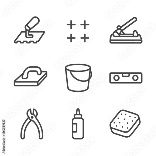 Tile Tools Icons. Outline icon set of backsplash installation tools: notched trowel, tile spacers, tile cutter, grout float,