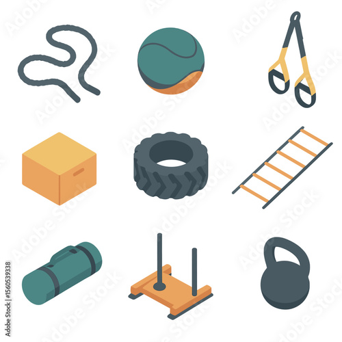 Gym Equipment Icons. Isometric Flat icon set of functional training zone: battle rope, medicine ball, plyometric box, suspension