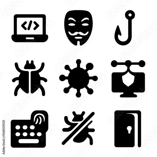 Hacker Activity Icons. Solid, filled icon set of hacker activities: laptop with code, mask, phishing hook, bug, virus, network
