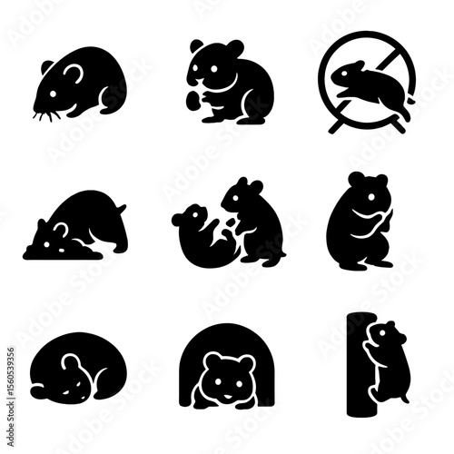 Hamster Icon Grid. Solid, filled icon set of hamster behavior: curious sniffing, nibbling, running, burrowing, playing, grooming,
