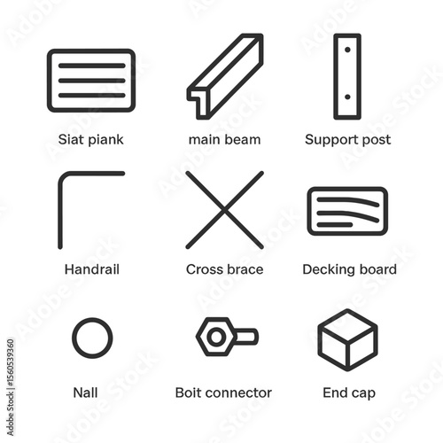 Timber Footbridge Icon Set. Outline icon set of timber footbridge components: slat plank, main beam, support post, handrail, cross