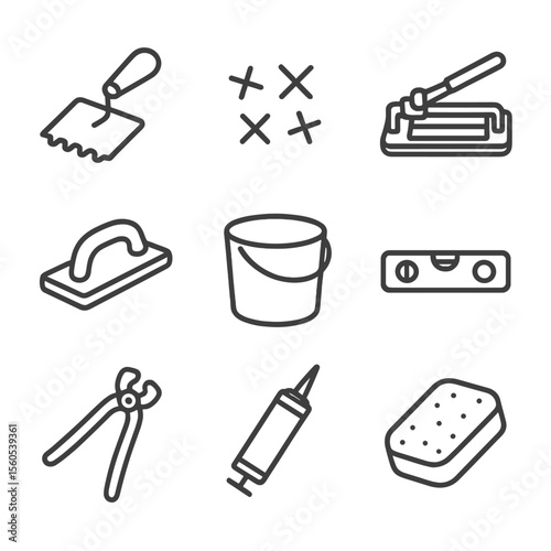 Tile Tools Icons. Outline icon set of backsplash installation tools: notched trowel, tile spacers, tile cutter, grout float,