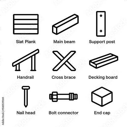 Timber Footbridge Icon Set. Outline icon set of timber footbridge components: slat plank, main beam, support post, handrail, cross