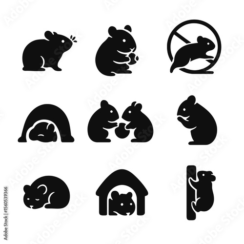 Hamster Icon Grid. Solid, filled icon set of hamster behavior: curious sniffing, nibbling, running, burrowing, playing, grooming,