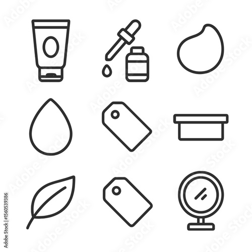 Tinted Moisturizer Icons. Outline icon set of tinted moisturizer display: tube bottle, dropper cap, shade swatch, makeup sponge,