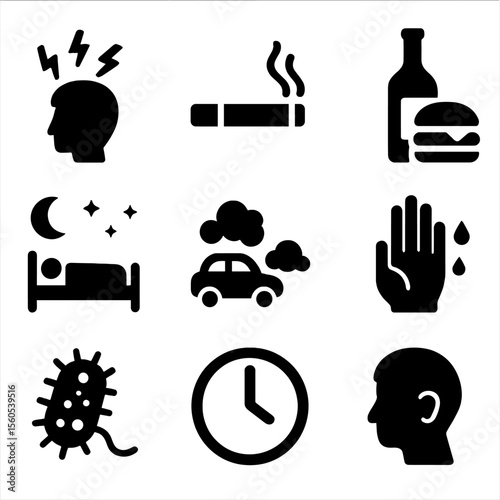Healing Delays Icons. Solid, filled icon set of factors delaying healing: stress icon, smoking cigarette, alcohol bottle,