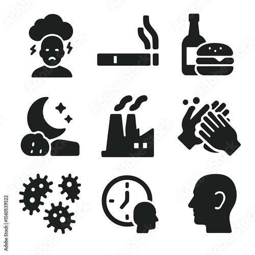 Healing Delays Icons. Solid, filled icon set of factors delaying healing: stress icon, smoking cigarette, alcohol bottle,