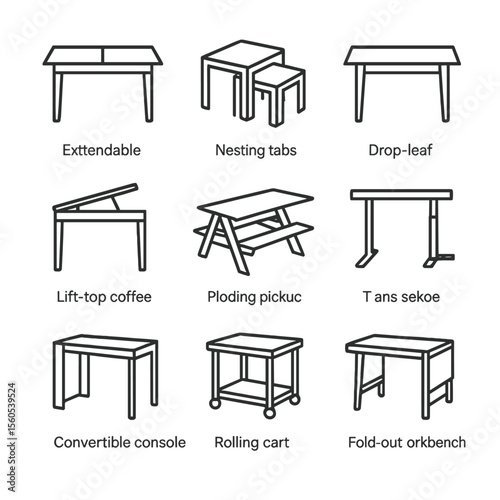 Transformable Table Icons. Outline icon set of transformable tables: extendable dining table, nesting tables, drop-leaf table,