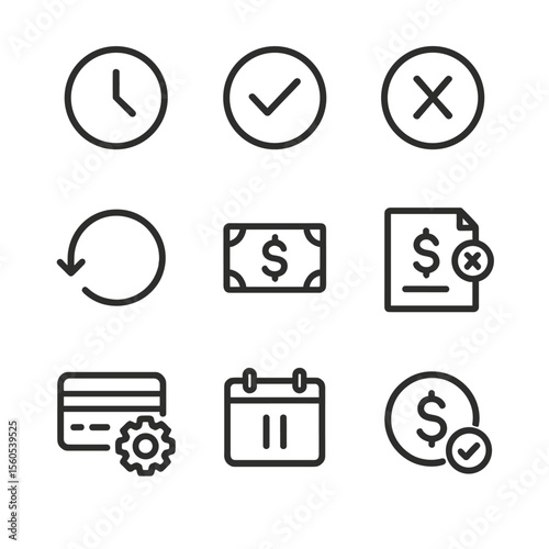 Transaction Status Icons. Outline icon set of transaction statuses: pending, completed, failed, refunded, disputed, processing,