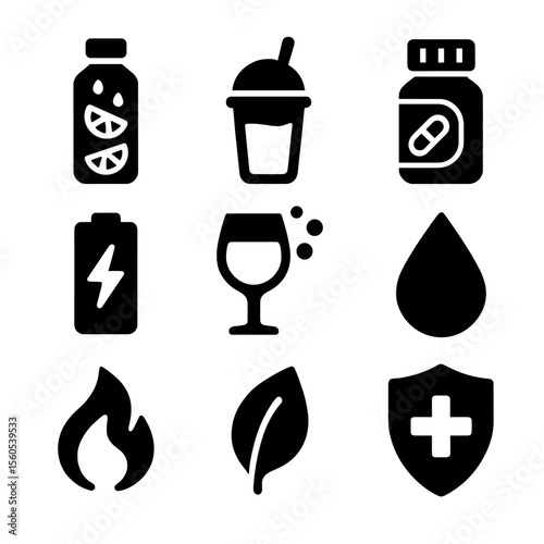 Health Drink Icons. Solid, filled icon set of health and wellness drinks: detox water, green juice, vitamin bottle, energy boost,