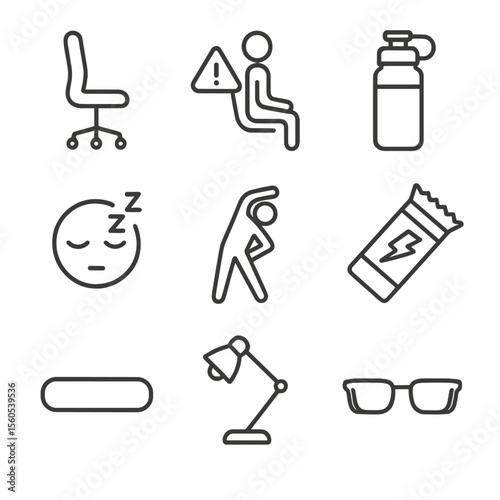 Health Ergonomics Icons. Outline icon set of health and ergonomics: ergonomic chair, posture alert, hydration bottle, eye rest,
