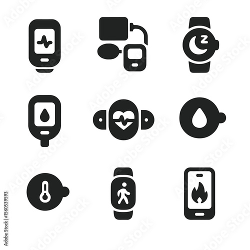 Health Monitoring Icons. Solid, filled icon set of health monitoring devices: pulse oximeter, blood pressure cuff, sleep tracker,