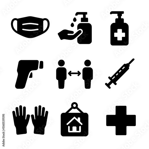 Health Precaution Icons. Solid, filled icon set of health precautions: face mask, hand sanitizer, soap dispenser, thermometer,