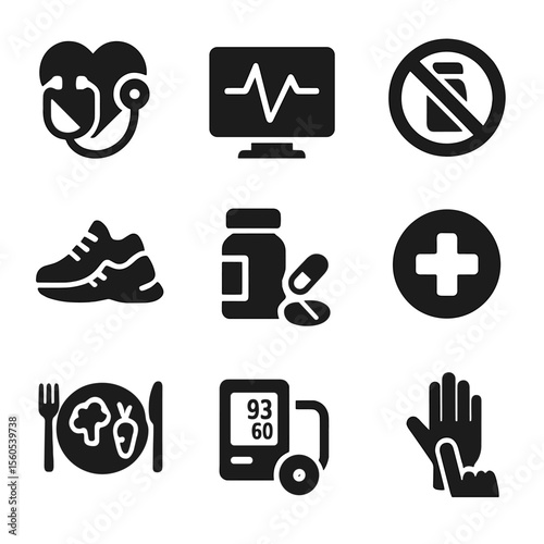 Heart Health Icons. Solid, filled icon set of heart disease prevention: heart with stethoscope, ECG monitor, low-sodium label,
