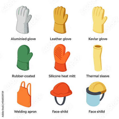 Heat-Resistant Safety Gear. Isometric Flat icon set of heat-resistant gloves and protective gear: aluminized glove, leather heat