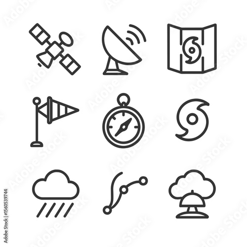 Typhoon Tracking Icons. Outline icon set of typhoon tracking and forecasting: satellite, radar dish, weather map, wind vane,