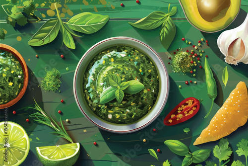 Stinging nettles soup on rustic kitchen table on vector illustrations.