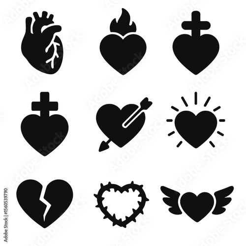 Heart Icon Grid. Solid, filled icon set of heart anatomy and symbolism: anatomical heart, stylized heart, heart with flame, heart