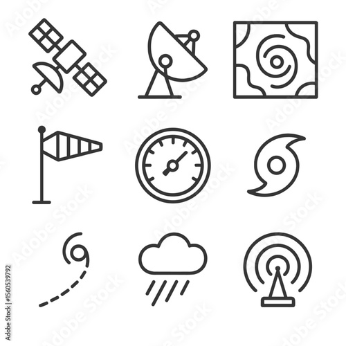 Typhoon Tracking Icons. Outline icon set of typhoon tracking and forecasting: satellite, radar dish, weather map, wind vane,