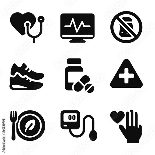 Heart Health Icons. Solid, filled icon set of heart disease prevention: heart with stethoscope, ECG monitor, low-sodium label,