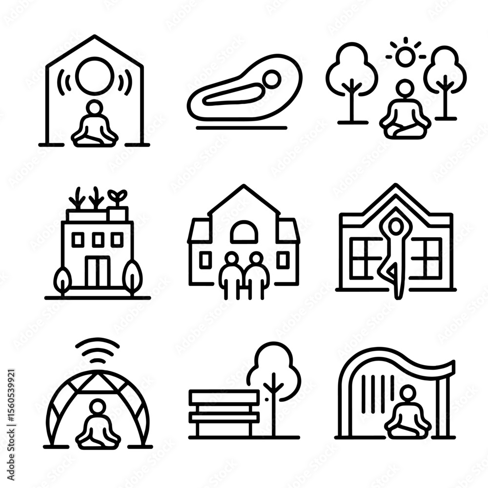 Fototapeta premium Urban Wellness Icons. Outline icon set of urban wellness spaces: sound healing room, vibration pod, meditation park, rooftop