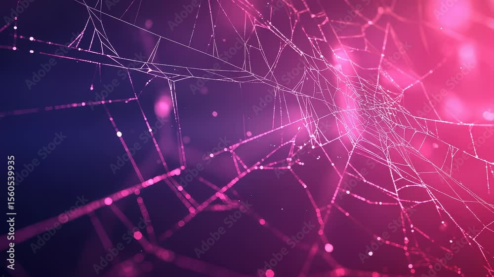 Delicate spiderweb threads shimmer against a vibrant magenta and deep blue gradient background