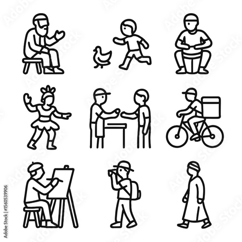 Urban Culture Icons. Outline icon set of urban cultural portraits: elder sharing story, child chasing pigeon, musician playing