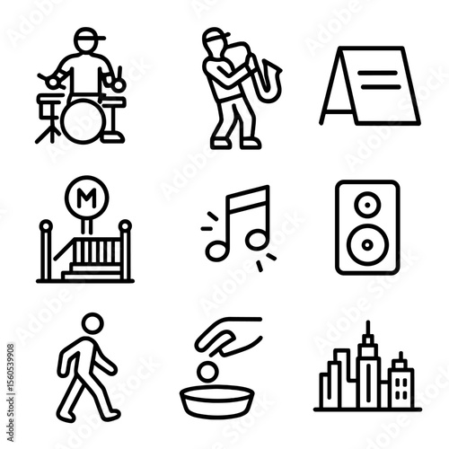 Urban Music Icon Set. Outline icon set of urban music scenes: street drummer, saxophone player, busking sign, subway entrance,