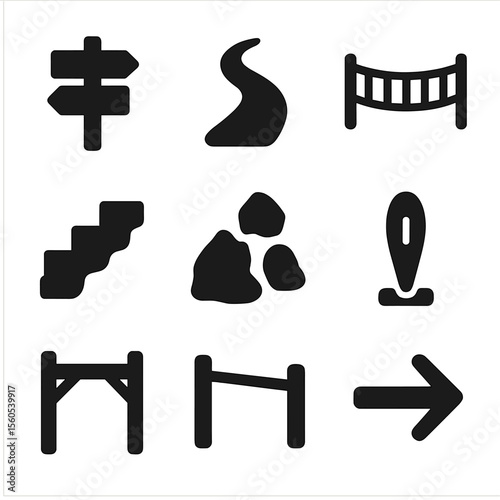 Hiking Trail Icons. Solid, filled icon set of hiking trail features: wooden signpost, footpath, rope bridge, dirt steps, rock