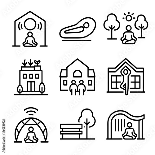 Urban Wellness Icons. Outline icon set of urban wellness spaces: sound healing room, vibration pod, meditation park, rooftop
