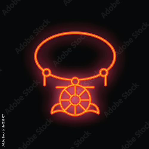 Neon sign depicting a round amulet with a wheel of fortune on a chain, a symbol of luck and destiny, glowing on a black background