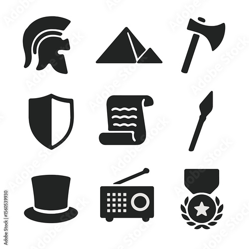 Historical Icon Grid. Solid, filled icon set of historical periods: Roman helmet, Egyptian pyramid, Viking axe, medieval shield,