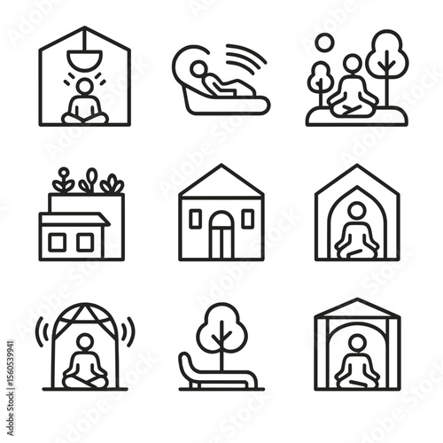 Urban Wellness Icons. Outline icon set of urban wellness spaces: sound healing room, vibration pod, meditation park, rooftop