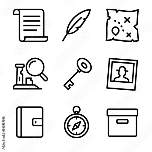 Historical Mystery Icons. Outline icon set of historical mystery documentaries: old parchment scroll, quill pen, ancient map,