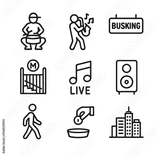 Urban Music Icon Set. Outline icon set of urban music scenes: street drummer, saxophone player, busking sign, subway entrance,