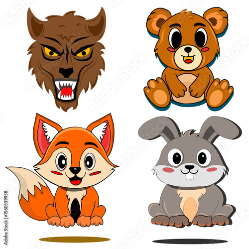 A cute flat vector icon set featuring forest animals: a wolf, bear, fox, and bunny. Perfect for kids' books, educational apps, games, or animal-themed print designs.
